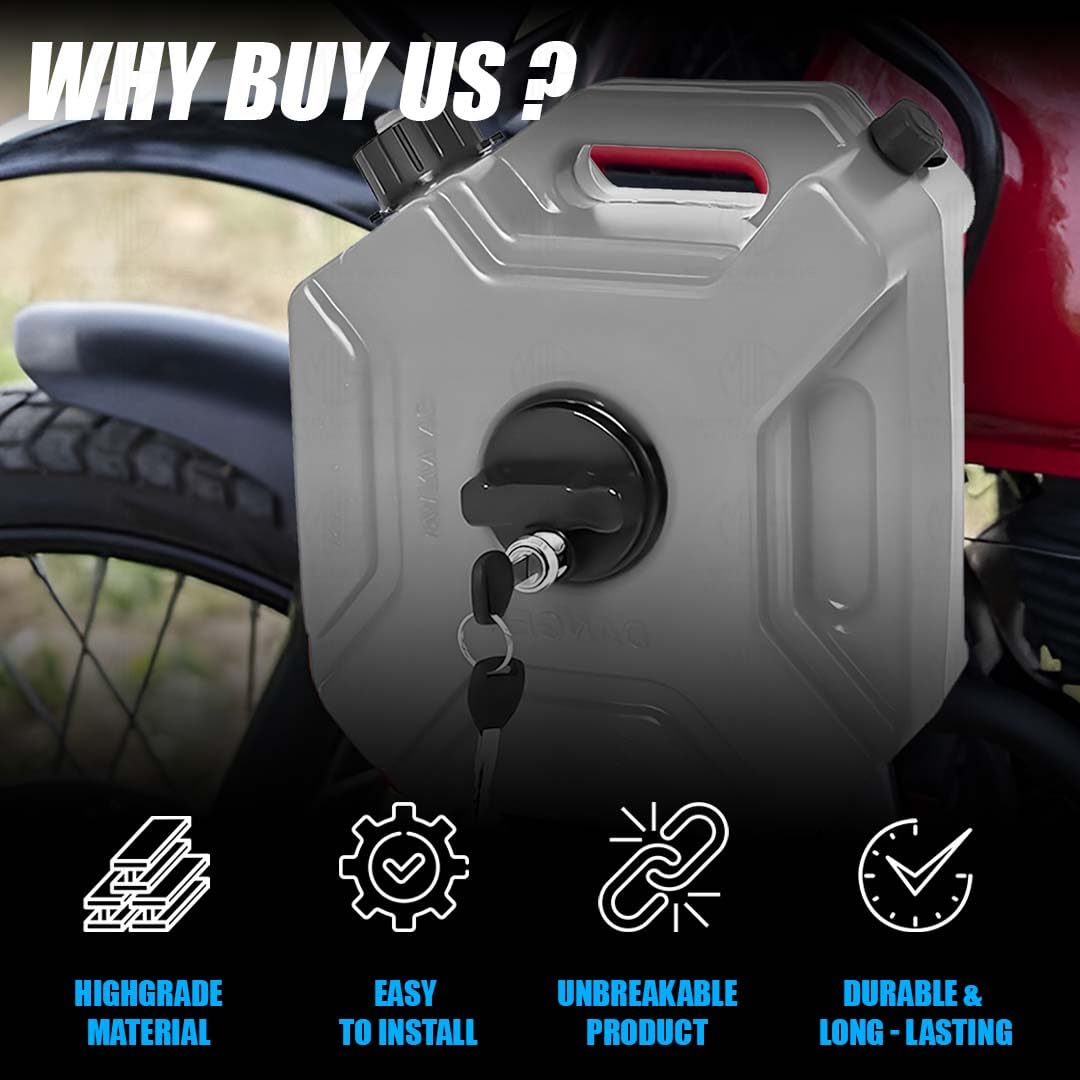 MOTO GENIUS Universal 5 Liter Fuel Jerry Can With Clamp and Cap For Motorcycle | Fuel Container Heavy Duty construction for Petrol/diesel/kerosene Storage (Grey)