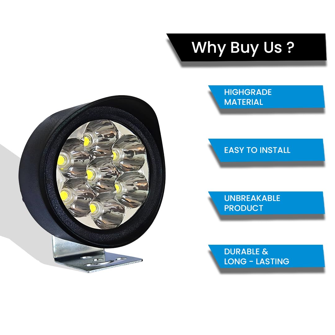 MOTO GENIUS 7 LED Round Fog Lights for Bikes | High Power, Universal Fit, Heavy Clamp, Strong Aluminum Body, Waterproof Driving Light for Motorcycle and Scooty