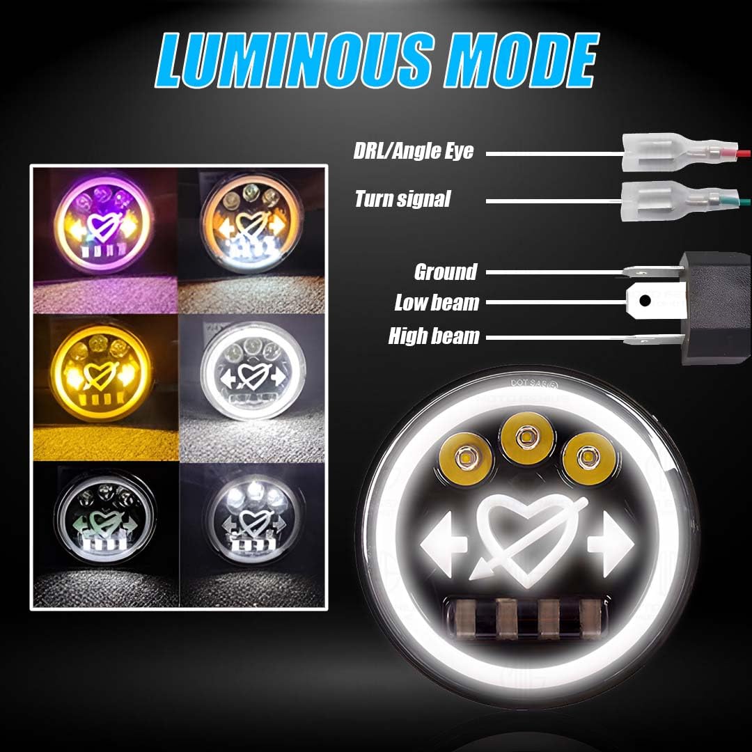 MOTO GENIUS 7 Inch LED Round Headlight for Royal Enfield & Thar | High/Low Beam, Waterproof, Luminous Mode, Acrylic & Aluminum Construction, Durable, DRL, Bright LED (Heart Design)