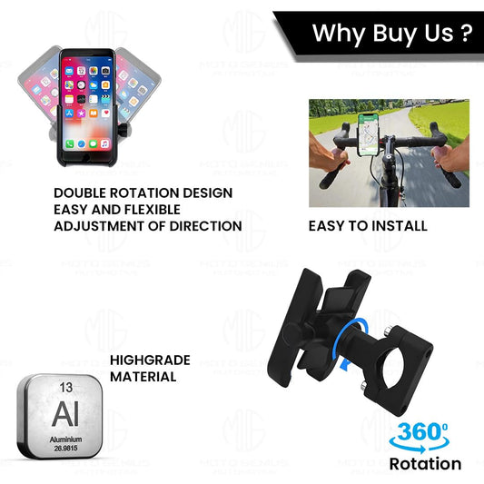 MOTO GENIUS Universal Bike Mount Holder, Aluminum 360° Rotating Stand for Bicycle, Motorcycle, Scooty | Fits All Smartphones, Bike Mobile Holder