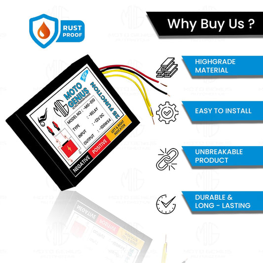 MOTO GENIUS Universal Motorcycle Hazard Indicator Flasher Relay, 25 Flash Patterns with Switch, Waterproof LED | Bulb Compatible Blinker for Turn Signal Lights