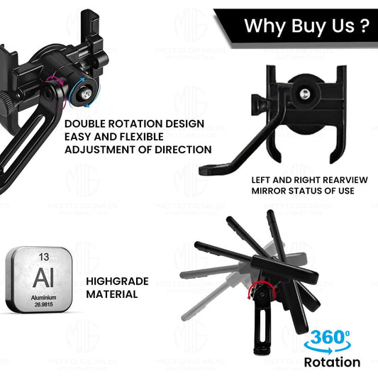 MOTO GENIUS Universal Aluminum Bicycle Motorcycle Phone Holder, 360-Degree Rotatable Handlebar Mount for Mobile Phones | Shockproof, Adjustable for Optimal Viewing Angles