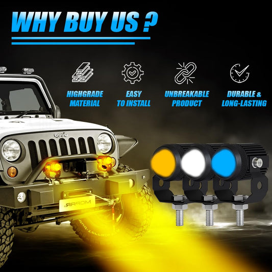 MOTO GENIUS LED Fog Lights with Switch for Car Motorcycle Scooter | 2PCS 20W Each (40W Total), Triple Color White Yellow Blue, Hi/Lo Beam, Waterproof, Universal for Car & Motorcycle | Pack of 2