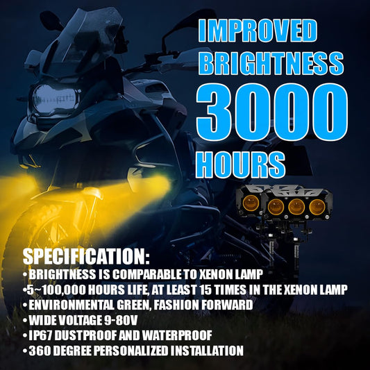 MOTO GENIUS Super Bright 3 LED Fog Light | Dual Mode Yellow & White Changing Light, High/Low Beam, Aluminum Body, Universal Fit for Motorcycle & Car
