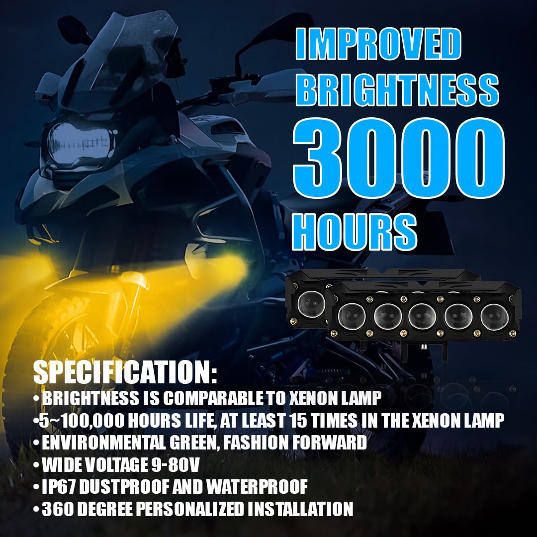 MOTO GENIUS Super Bright 5 LED Fog Light | Dual Mode Yellow & White Changing Light, High Low Beam, Aluminum Body, Universal Fit for Motorcycle & Car