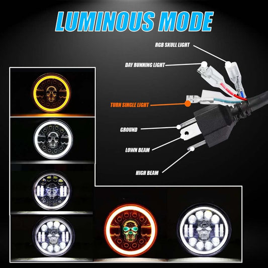 MOTO GENIUS 5.7 Inch LED Round Headlight for Harley Davidson & Bajaj Avenger Motorbike | High/Low Beam | Acrylic & Aluminum Construction, Waterproof, Luminous Mode | Skull Design