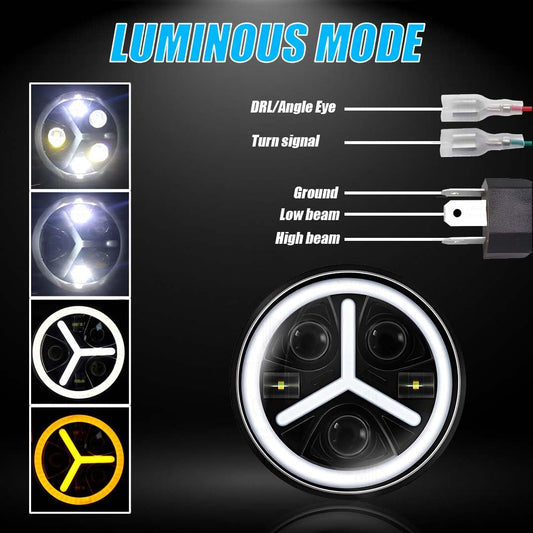 MOTO GENIUS 7 Inch LED Round Headlight for Royal Enfield & Thar | High/Low Beam, Waterproof, Luminous Mode, Acrylic & Aluminum Construction, Durable, Bright LED (Y Design)