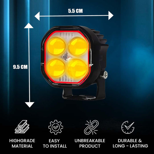 MOTO GENIUS 4 Lens LED Fog Light for Bike, Scooter & Car | Waterproof Spotlight with High/Low Beam, 12-80V Universal Fit, Dual Color (Yellow & White) – Pack of 2