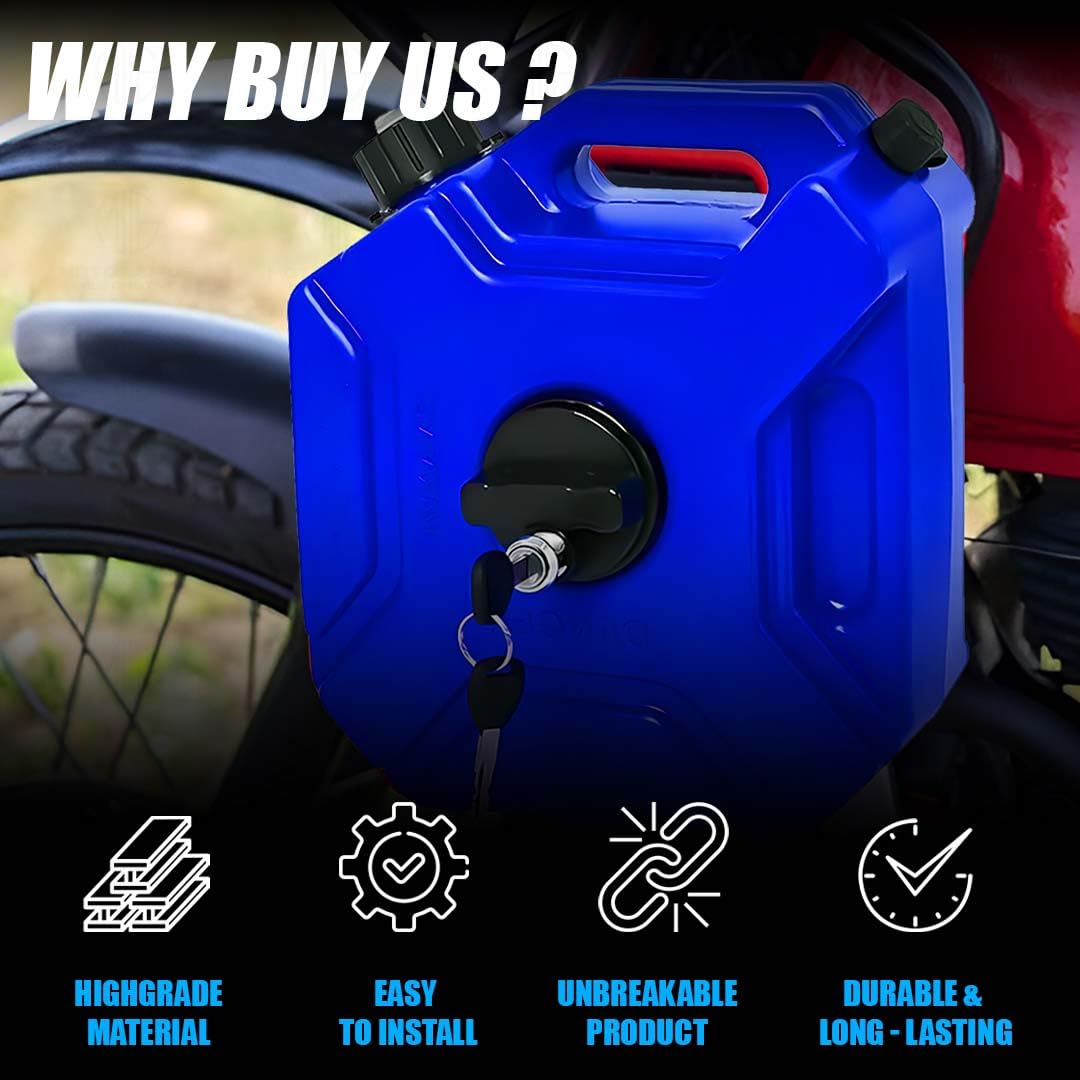 MOTO GENIUS Universal 5 Liter Fuel Jerry Can With Clamp and Cap For Motorcycle | Fuel Container Heavy Duty construction for Petrol/diesel/kerosene Storage (Blue)