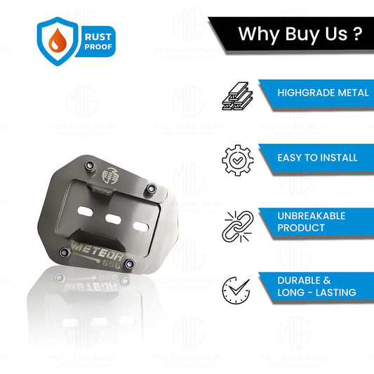 MOTO GENIUS Stainless Steel Side Stand Extender for RE Super Meteor 650 | Heavy Duty Parking Support and Stability Enhancer (Silver)