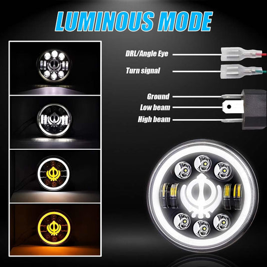 MOTO GENIUS 7 Inch LED Round Headlight for Royal Enfield & Thar | High/Low Beam, Waterproof, Luminous Mode, Acrylic & Aluminum Construction, Durable, Bright LED (Khanda Design)