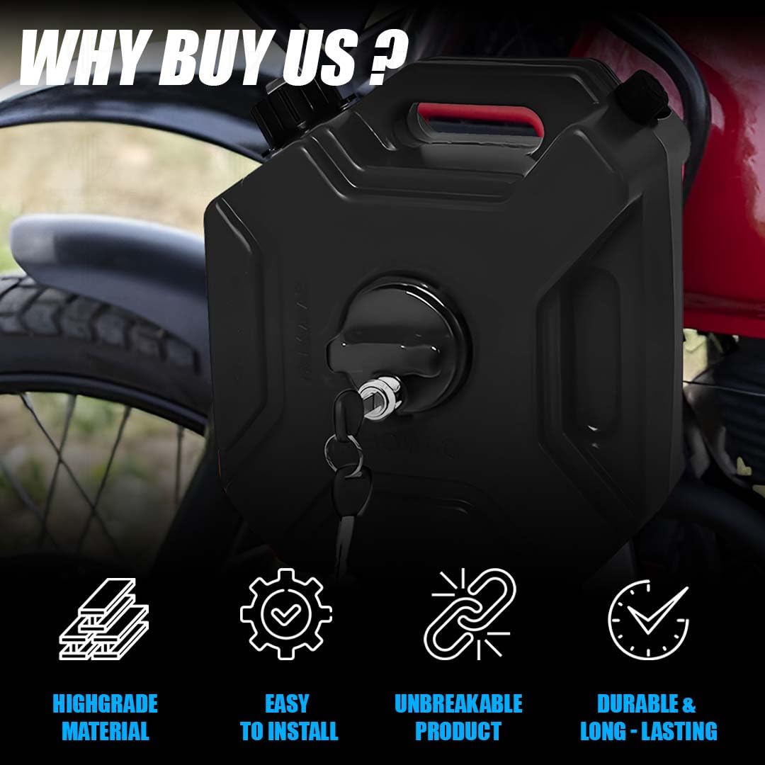 MOTO GENIUS Universal 5 Liter Fuel Jerry Can With Clamp and Cap For Motorcycle | Fuel Container Heavy Duty construction for Petrol/diesel/kerosene Storage (Black)
