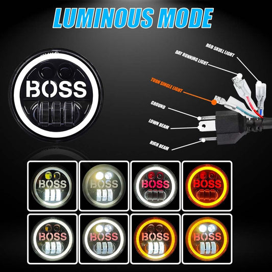 MOTO GENIUS 5.7 Inch LED Round Headlight for Harley Davidson & Bajaj Avenger Motorbike | Acrylic & Aluminum Construction, Waterproof, Luminous Mode (Boss Design)